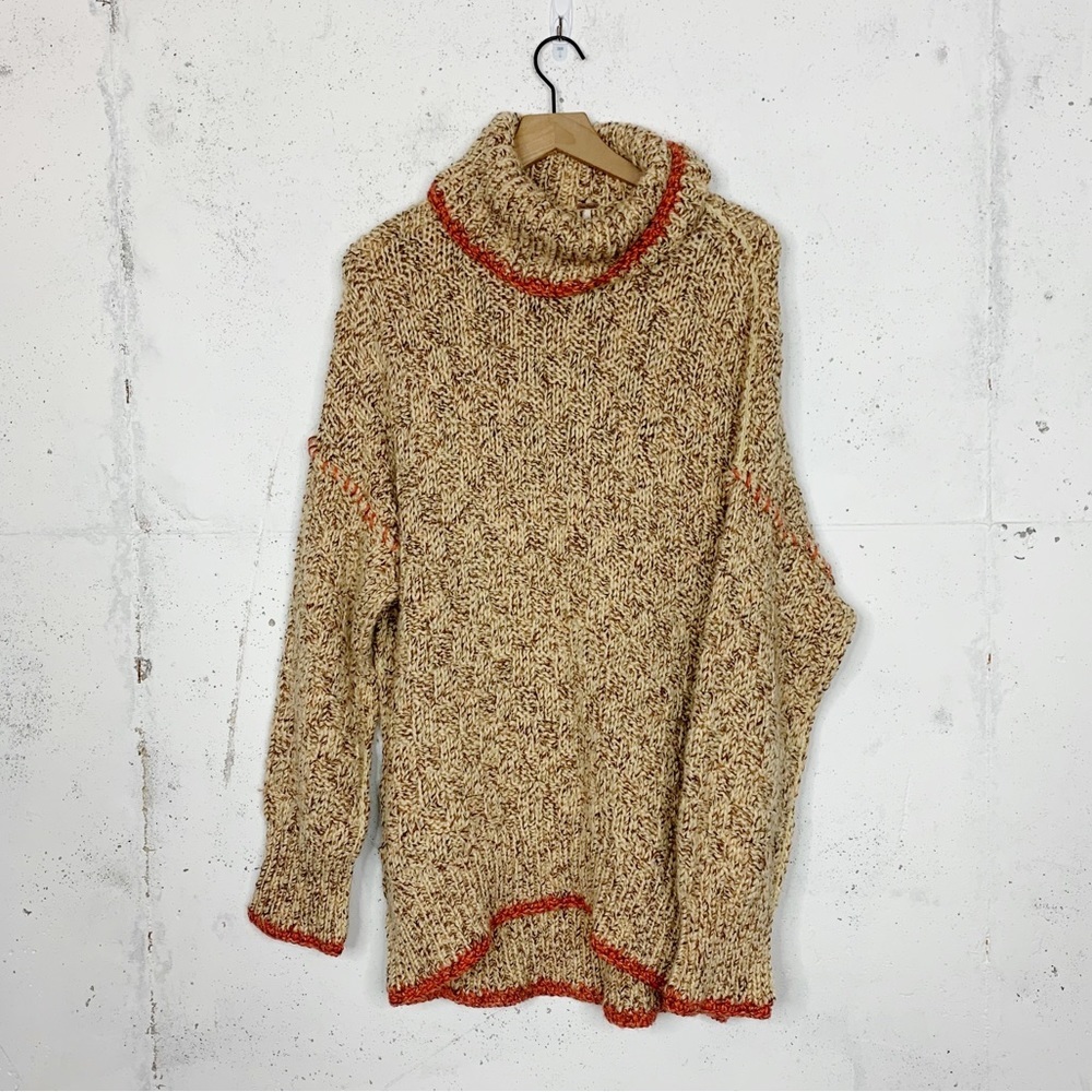 Free People Tan Marled Turtleneck Sweater with Red Trim
